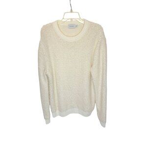 Topman Sweater Fuzzy Pullover Crew Neck Tan Ivory Ribbed Cuffs Hem - Size L